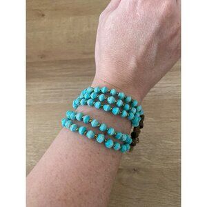 Handcrafted Turquoise Rolled Paper Beaded Bracelet With Brass-toned Accents
